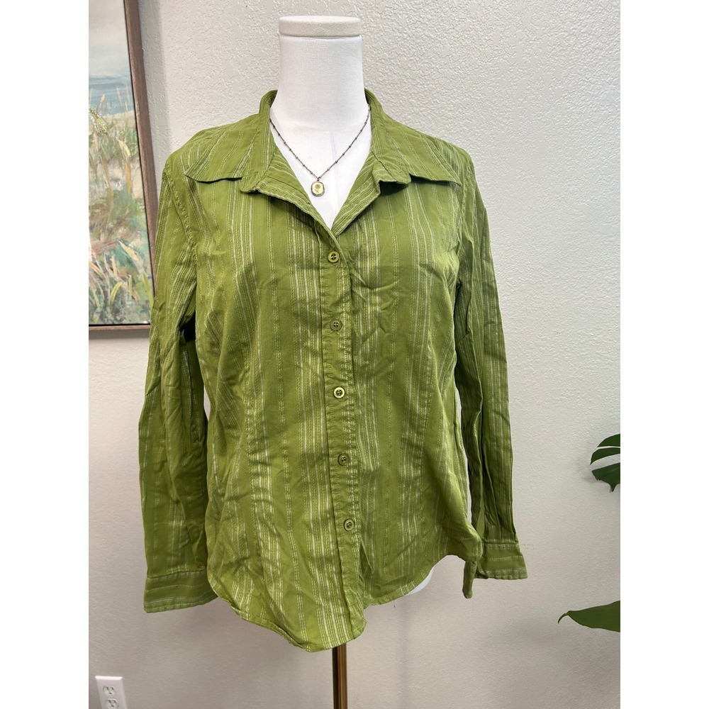 Christopher & Banks Green Striped Button Up Shirt Size L